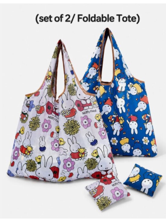 miffy Handbags - （Set of 2) Miffy Style Tote Blue Flower Rabbit 2-Way LARGE Market Foldable Bag